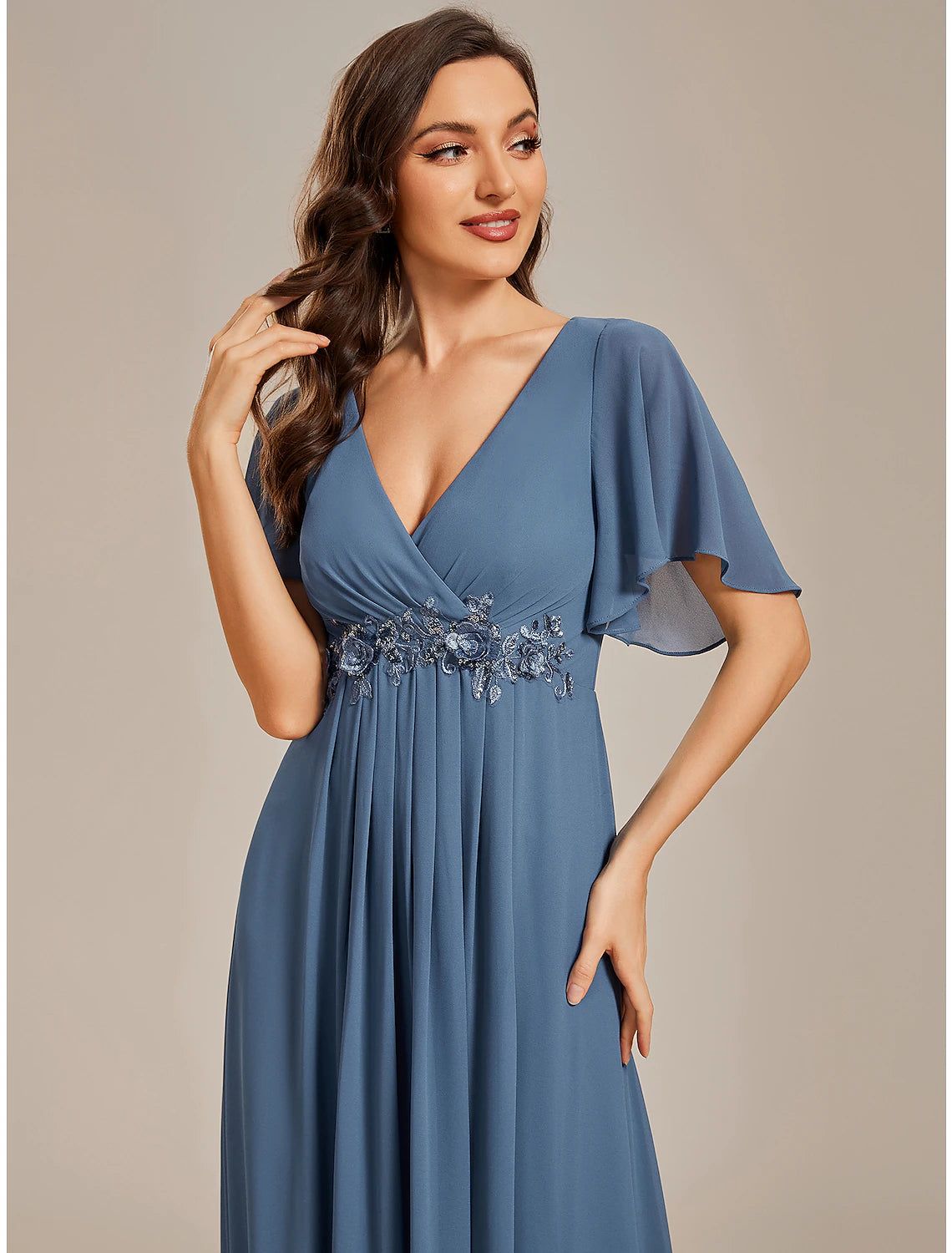 A-Line Wedding Guest Dresses Elegant Dress Formal Sweep / Brush Train Short Sleeve V Neck Chiffon with Ruched Appliques